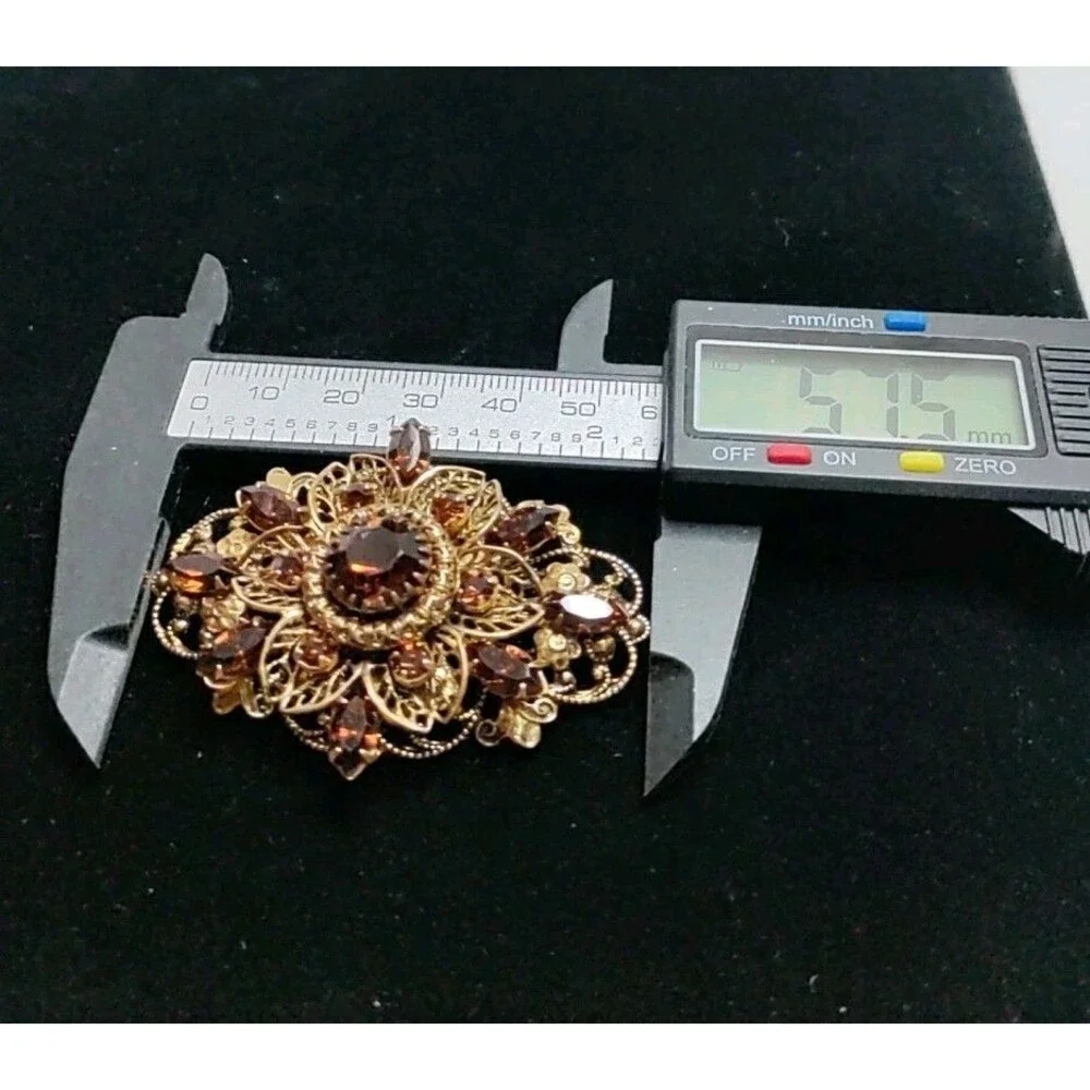 W Germany Dark Amber Oval Flower Brooch With Filagree